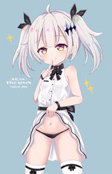  :q aged_down ahoge ass_visible_through_thighs bare_shoulders black_bow black_panties black_ribbon blue_background blush bow brown_eyes character_name closed_mouth clothes_lift commentary_request crescent crescent_earrings dress dress_lift earrings female finger_to_mouth five-seven_(adventures_of_fenfen)_(girls&#039;_frontline) five-seven_(girls&#039;_frontline) girls&#039;_frontline groin hair_ornament hair_ribbon hand_up head_tilt highres jewelry lifting_own_clothes looking_at_viewer navel official_alternate_costume panties ribbon satori_(ymoy) simple_background sleeveless sleeveless_dress smile solo sparkle thighhighs tongue tongue_out twintails underwear white_dress white_hair white_thighhighs 