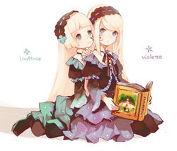  2girls bad_id bad_pixiv_id black_legwear blonde_hair blue_eyes book bright_pupils character_name clea_(geee13) dress facial_tattoo frills gothic_lolita hairband hand_on_another&#039;s_shoulder hime_cut holding holding_book hortense_(sound_horizon) layered_dress lolita_fashion long_hair maerchen_(sound_horizon) multiple_girls pantyhose reading ribbon-trimmed_hairband roman_(sound_horizon) shoes simple_background sitting sound_horizon tattoo very_long_hair violette_(sound_horizon) white_background white_pupils 