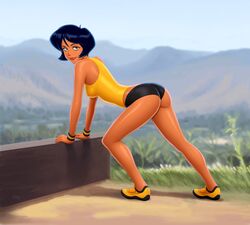  alex_(totally_spies) ass black_hair brown_eyes dark_skin drew_gardner female lips looking_at_viewer looking_back shorts stretching totally_spies 