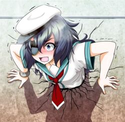  bangs black_hair blue_eyes blush bracelet commentary_request cracked_wall d: eyepatch hair_between_eyes hat jewelry kabe_ni_hamatte_ugokenai! kantai_collection kiso_(kantai_collection) long_hair looking_at_viewer neckerchief oerba_yun_fang open_mouth parody sailor_hat school_uniform serafuku shirt short_sleeves solo stuck tearing_up through_wall tk8d32 trembling white_shirt 