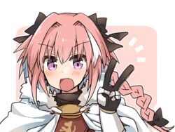  1boy astolfo_(fate) black_bow bow braid cape commentary_request fate/apocrypha fate/grand_order fate_(series) fur_trim hair_ribbon male_focus multicolored_hair oerba_yun_fang ohitashi_netsurou open_mouth pink_hair purple_eyes ribbon single_braid smile streaked_hair v 