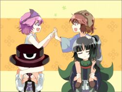  4others adagumo_no_yaorochi androgynous apron barefoot black_hair bow detached_sleeves enraku_tsubakura hakama hakama_skirt hat helmet japanese_clothes katano_sukune kijipoko large_hat len&#039;en long_hair multiple_others multiple_tails open_mouth other_focus pink_hair ponytail red_eyes red_hair ribbon scarf shion_(len&#039;en) short_hair side_ponytail skirt smile snake_tail tail top_hat triangular_headpiece 