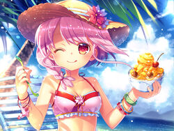  aliasing capura_lin clouds cropped flowers food headdress pink_hair red_eyes sergestid_shrimp_in_tungkang sky swimsuit tree xuan_ying 