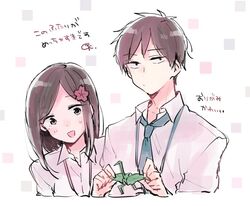  1boy bad_id bad_twitter_id black_hair brown_eyes brown_hair collared_shirt commentary_request female flower hair_flower hair_ornament kazama_souta kudo_(low_temp) mole mole_under_eye necktie office_lady origami paper_crane sakurai_touko salaryman senpai_ga_uzai_kouhai_no_hanashi shirt short_hair translated 