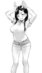  arms_up black_hair braid breasts bunny_pose denim denim_shorts female greyscale grin hair_ornament hairclip highres kamiyama_aya large_breasts looking_at_viewer monochrome original polo_shirt short_sleeves shorts smile twin_braids 