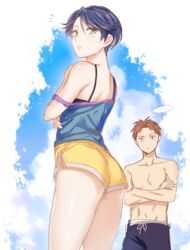  1boy ass bad_id bad_twitter_id blue_hair brown_eyes brown_hair female gekkan_shoujo_nozaki-kun green_eyes hori_masayuki kashima_yuu looking_at_viewer mery_(yangmalgage) sanpaku short_hair short_shorts shorts 