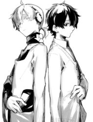  2boys back-to-back cardigan collar collared_shirt commentary_request from_side greyscale headphones kagerou_project kokonose_haruka konoha_(kagerou_project) looking_at_another male_focus mole mole_under_eye monochrome multiple_boys ponytail shirt sidu_(dsd_kgn) simple_background white_background 