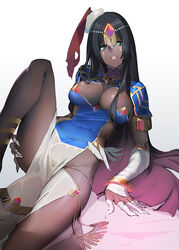  ass bed black_hair bracelet breasts circlet cleavage commentary dark-skinned_female dark_skin fate/grand_order fate_(series) female green_eyes guratan hip_focus jewelry large_breasts leg_lift long_hair looking_at_viewer parted_lips photoshop_(medium) scheherazade_(fate) solo staff thick_thighs thighs very_long_hair 