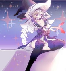  alternate_eye_color arms_up blonde_hair boots commentary_request djeeta_(granblue_fantasy) female gloves granblue_fantasy hairband hands_on_headwear hat koza_game looking_at_viewer protected_link puffy_short_sleeves puffy_sleeves purple_eyes short_hair short_sleeves sitting smile solo sparkle thigh_boots thighhighs warlock_(granblue_fantasy) witch_hat 