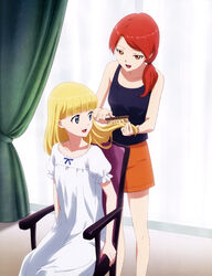  2girls :d absurdres alexandra_magritte artist_request bare_shoulders black_shirt blonde_hair blue_bow blue_eyes blunt_bangs bow breasts brushing_another&#039;s_hair brushing_hair chair collarbone curtains flat_chest hair_brush hair_over_shoulder highres indoors magazine_request magazine_scan multiple_girls nightgown official_art open_mouth orange_eyes orange_shorts puffy_short_sleeves puffy_sleeves red_hair scan shirt short_ponytail short_sleeves shorts sitting sleeveless sleeveless_shirt small_breasts smile sunlight tada-kun_wa_koi_wo_shinai teresa_wagner white_nightgown window 