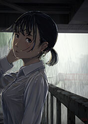  black_eyes black_hair bridge commentary_request dark dated day female highres lips looking_at_viewer looking_to_the_side original outdoors railing rain shirt short_ponytail signature solo upper_body wet wet_clothes wet_hair wet_shirt yakikoke 