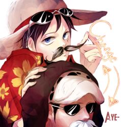  2boys black_hair blue_eyes carry carrying dressrosa facial_hair hat male male_focus monkey_d_luffy moustache multiple_boys one_piece piggyback scar straw_hat sunglasses trafalgar_law transparent_background yeye-chan 