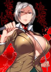  angry breasts center_opening choker cleavage commentary_request female glasses grey_hair highres holding holding_riding_crop large_breasts lips looking_at_viewer ojo_(dfreak) pointer prison_school red_eyes ribbon_choker riding_crop school_uniform shiraki_meiko short_hair solo sweat 