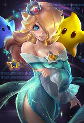  banned_artist bare_shoulders blonde_hair blue_eyes breasts chiko_(mario) crown hair_over_one_eye jewelry long_hair mario_(series) rosetta_(mario) sakimichan small_breasts solo super_mario_bros. super_mario_galaxy wand watermark web_address 