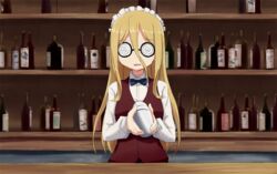  bar_(place) bartender black_bow black_bowtie blonde_hair blurry blurry_background bottle bow bowtie brown_vest cocktail_shaker coke-bottle_glasses commentary cosplay counter cutlass_(girls_und_panzer) cutlass_(girls_und_panzer)_(cosplay) dress_shirt female girls_und_panzer glasses hair_between_eyes handkerchief holding indoors kakizaki_(chou_neji) long_hair long_sleeves looking_at_viewer maid_headdress nekonyaa_(girls_und_panzer) open_mouth round_eyewear school_uniform shelf shirt smile solo standing upper_body vest white_shirt wing_collar 