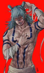  1boy alternate_eye_color alternate_form aqua_hair arm_tattoo artist_name bandaged_arm bandages blue_hair chest_tattoo double_bun evil_smile extra_eyes facial_mark facial_tattoo fangs hair_between_eyes hair_bun highres jujutsu_kaisen kashimo_hajime looking_at_viewer male_focus medium_hair muscular muscular_male pants possessed red_background rei_(poro06625649) ryoumen_sukuna_(jujutsu_kaisen) shoulder_tattoo simple_background smile solo stomach_tattoo tattoo teeth veins white_pants 