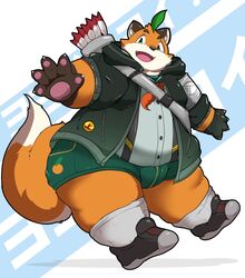  2024 anthro arrow_(weapon) biped black_nose bottomwear canid canine clothing footwear fox fur green_eyes hi_res hoodie iyo_(tamacolle) jacket kemono kusosensei male mammal orange_body orange_fur overweight overweight_male pawpads pink_pawpads quiver_(object) ranged_weapon shirt shorts socks solo suspenders tamacolle thick_thighs topwear weapon white_clothing white_footwear white_socks 