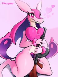  2_tails 3:4 ak-47 ak_platform anthro assault_rifle eyelashes female fluffy fur gun heart_reaction heart_symbol hearts_around_head hi_res holding_gun holding_object holding_ranged_weapon holding_weapon kneeling lovander multi_tail pal_(species) palworld pink_body pink_fur pinup plecopsar pocketpair pose ranged_weapon rifle shaded simple_background smile solo tail thick_thighs weapon wide_hips 