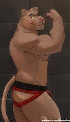  anthro arches_(game) arturo_herrera biped bulge clothed clothing echo_(game) echo_(series) echo_project exhibitionism felid feline flexing flexing_bicep gonnidae hi_res jaguarundi jockstrap jockstrap_only male mammal muscular muscular_anthro muscular_male solo topless underwear underwear_only 