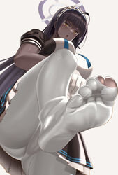  absurdres black_hair blue_archive blush breasts dark-skinned_female dark_skin feet female foot_focus foreshortening gloves halo highres karin_(blue_archive) long_hair looking_at_viewer maid_headdress no_shoes nuchitarou panties pantyhose presenting_foot soles solo spread_toes toes torn_clothes torn_pantyhose underwear white_pantyhose yellow_eyes 