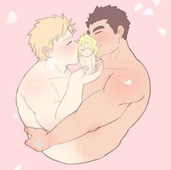  3boys bad_id bad_twitter_id bara blonde_hair brown_hair cropped_torso cupid_(housamo) double_cheek_kiss facial_hair happy kissing kissing_cheek male_focus mini_person miniboy multiple_boys nude pectorals petals pink_background profile protagonist_3_(housamo) ragi_san_(ononokomachiimo) short_hair sideburns_stubble stubble tennouji_shin&#039;ya thick_eyebrows tokyo_afterschool_summoners toned toned_male yaoi 