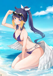  absurdres adjusting_eyewear alternate_breast_size alternate_costume arm_between_legs arm_up beach bikini blue_bikini blue_eyes blue_hair blue_sky blunt_bangs blush breasts closed_mouth cloud day english_commentary feathered_wings female halterneck highres hololive hololive_english long_hair looking_at_viewer low_wings lucferz medium_breasts ninomae_ina&#039;nis o-ring o-ring_top ocean partially_submerged pointy_ears ponytail print_bikini sky solo string_bikini sunglasses swimsuit tentacle_hair thighs virtual_youtuber white_wings wings 