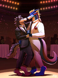  anthro black_tie_(suit) candlelight canid canine canis clothing dancing dinner dragon favonius hi_res holidays light male mammal mythological_creature mythological_scalie mythology rain_dragon romantic scalie sellon spotlight suit tail teryx teryx_commodore valentine&#039;s_day wolf 