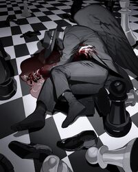  1boy black_coat black_eyes black_footwear black_headwear black_pants black_socks black_suit black_wings bleeding blood blood_on_clothes blood_on_face blood_on_hands checkered_background checkered_floor chess_piece chessboard claws coat collared_coat colored_extremities colored_skin commentary_request cross cross_necklace dying empty_eyes feathered_wings full_body grey_skin highres holding holding_jewelry holding_necklace jewelry knight_(chess) korean_commentary long_sleeves looking_at_viewer lying male_focus mask necklace on_side original pants pawn_(chess) pool_of_blood rook_(chess) sasi_mozzi1 socks solo suit tile_floor tiles unworn_footwear wings 