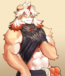  1boy abs arknights bara black_shirt blush clothes_lift colored_tips english_commentary furry furry_male hand_on_own_chest horns hung_(arknights) komainu_boy komainu_ears looking_at_viewer male_focus multicolored_hair muscular muscular_male ryulabo shirt shirt_lift single_horn sleeveless sleeveless_shirt underpec wavy_mouth yellow_eyes 