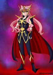  boots breasts cape cleavage closed_mouth collarbone cosplay gundam gundam_zz haman_karn haman_karn_(cosplay) hand_on_own_hip highres kyomeihibiki large_breasts long_hair looking_ahead maria_cadenzavna_eve pants pink_hair senki_zesshou_symphogear sleeveless twitter_username very_long_hair zeon 