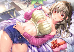  absurdres ahoge bed bed_sheet blue_shorts blush braid breasts brown_hair brown_shirt brown_tube_top cardigan cleavage coffee collarbone cup denim denim_shorts female heart-shaped_bag highres indoors large_breasts leaf long_hair long_sleeves looking_at_viewer lying navel non-web_source on_back on_bed original parted_lips pillow pink_cardigan plant potted_plant red_eyes rug shirt short_shorts shorts solo steam stomach strapless thighs tube_top wooden_floor yan-yam 