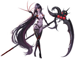  absurdly_long_hair absurdres black_hair boots breasts colored_skin crossed_legs demon demon_girl dungeon_and_fighter elbow_gloves fangs female fingernails full_body garter_straps gloves high_heel_boots high_heels highres holding holding_scythe large_breasts long_fingernails long_hair looking_at_viewer navel pointy_ears ponytail purple_skin red_eyes revealing_clothes scythe semicolon9991 sharp_fingernails solo standing thigh_boots tongue tongue_out very_long_hair watson_cross white_background 