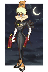  anthro atomictiki bayonetta bayonetta_(character) breasts buckteeth cleavage cleavage_cutout clothed clothing cosplay crescent_moon cutout ears_up female gun handgun holding_gun holding_handgun holding_object holding_pistol holding_ranged_weapon holding_weapon lagomorph leporid lola_bunny looney_tunes mammal moon pistol platinumgames rabbit ranged_weapon solo teeth warner_brothers weapon 