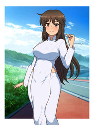  absurdres blush breasts brown_eyes brown_hair closed_mouth covered_navel dress female highres impossible_clothes josephscrand kyochuu_rettou large_breasts long_hair looking_at_viewer oribe_mutsumi outdoors pants sky smile solo vietnamese_clothes vietnamese_dress white_dress white_pants 