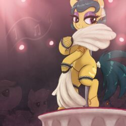  1:1 absurd_res burlesque cleopatra_jazz_(mlp) dancing ear_piercing ear_ring earth_pony equid equine eyelashes female friendship_is_magic hair hand_fan hasbro hi_res hooves horse legband mammal my_little_pony on_stage piercing pony pupils quadruped ring_piercing smile solo_focus t72b thick_thighs thighband 