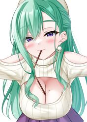  bent_over between_breasts blush breasts cleavage cleavage_cutout clothing_cutout ear_piercing earrings female food food_in_mouth green_hair hair_behind_ear hanging_breasts hat highres hisame_shiki holding holding_food holding_pocky jewelry large_breasts long_hair looking_at_viewer meme_attire mole mole_on_breast mouth_hold open-chest_sweater outstretched_arms piercing pleated_skirt pocky pocky_in_mouth pom_pom_(clothes) pom_pom_earrings purple_eyes purple_skirt ribbed_sweater shoulder_cutout skirt solo sweater swept_bangs turtleneck turtleneck_sweater very_long_hair virtual_youtuber vspo! white_background white_hat white_sweater yakumo_beni yakumo_beni_(3rd_costume) 