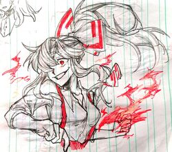  absurdres bow breasts chinese_commentary commentary_request female fire fujiwara_no_mokou graphite_(medium) grin hairbow highres long_hair marker_(medium) medium_breasts ponytail pyrokinesis red_hair sleeves_rolled_up smile solo touhou traditional_media xianyujunzhimiyingla 