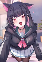  all_fours animal_ears black_choker black_hair black_jacket black_pantyhose blue_archive blunt_bangs blurry blurry_background blush breath cat_choker cat_ears chocolate chocolate_on_tongue choker collarbone colored_inner_hair commentary extra_ears eyelashes female foreshortening hair_ornament hairclip halo heart highres hood hood_down hooded_jacket indoors jacket kazusa_(blue_archive) long_sleeves looking_at_viewer lovestruck mi_taro333 miniskirt multicolored_hair on_floor open_mouth pantyhose pink_hair pink_halo pleated_skirt red_eyes short_hair skirt sleeves_past_wrists smile solo straight-on teeth tongue tongue_out tsurime upper_teeth_only valentine white_skirt 