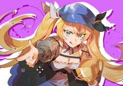  blonde_hair blue_hat breasts choker cleavage collarbone colored_eyelashes dokibird_(vtuber) dress english_commentary eyelashes female finger_gun frilled_choker frills green_eyes hair_between_eyes hat highres holding holding_trophy indie_virtual_youtuber jacket long_hair looking_to_the_side lynnear medium_breasts purple_background silhouette simple_background solo sparkle tongue tongue_out trophy twintails upper_body virtual_youtuber 