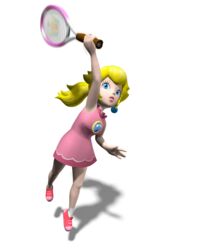  3d \||/ absurdres artist_request bare_arms blonde_hair blue_eyes breasts crown dress earrings female full_body highres holding holding_tennis_racket jewelry lips long_hair looking_up mario_(series) mario_power_tennis mario_tennis medium_breasts official_alternate_costume official_alternate_hairstyle official_art ponytail princess_peach shadow shoes sneakers solo tennis_peach transparent_background 