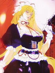  blonde_hair breasts cleavage collar corset dress female frilled_bonnet frilled_collar frilled_dress frilled_gloves frills gloves glowing glowing_eyes hair_between_eyes highres holding holding_umbrella jian_tai_(cuoyu0) large_breasts lips looking_at_viewer mole mole_under_mouth neck_ribbon official_alternate_costume parted_lips puffy_short_sleeves puffy_sleeves purple_eyes red_background red_ribbon ribbon short_sleeves solo touhou umbrella white_gloves yakumo_yukari 