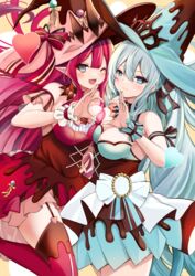  2girls absurdres baobhan_sith_(fate) baobhan_sith_(valentine_witches)_(fate) bare_shoulders black_bow blue_dress blue_eyes blue_headwear blush bow breasts cleavage dress fate/grand_order fate_(series) frilled_wrist_cuffs frills grey_eyes grey_hair hairbow hat heart heart_hands highres large_breasts long_hair looking_at_viewer morgan_le_fay_(fate) morgan_le_fay_(valentine_witches)_(fate) multiple_girls one_eye_closed open_mouth pink_dress pink_hair pink_headwear pointy_ears ponytail shibakame sidelocks smile thighs very_long_hair witch_hat wrist_cuffs 