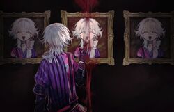  1boy argyle_clothes argyle_coat blood blood_on_clothes blood_splatter blood_stain blue_hair closed_eyes coat dark diamond_choker from_behind gavis_bettel gloves highres holostars holostars_english horror_(theme) male_focus multicolored_coat multicolored_hair nonsensemanna open_mouth picture_frame pink_hair portrait_(object) scarf solo striped_coat upper_body vertical-striped_coat virtual_youtuber white_hair white_scarf 