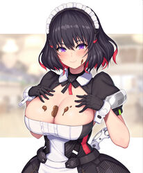  apron black_dress black_gloves breasts candy chocolate chocolate_on_body chocolate_on_breasts dress female food food_on_body food_on_face gloves heart heart-shaped_chocolate highres javelin_(nidy) looking_at_viewer maid_apron maid_headdress nidy original purple_eyes short_sleeves smile solo standing valentine white_apron 