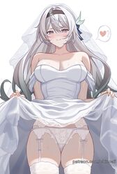  ? alternate_costume bare_shoulders black_hairband breasts bridal_veil chinoa cleavage clothes_lift commentary cowboy_shot dress dress_lift english_commentary female firefly_(honkai:_star_rail) flashing garter_belt grey_hair hair_intakes hairband heart heart_in_eye highres honkai:_star_rail honkai_(series) lace lace_garter_belt lace_panties lifting_own_clothes long_hair looking_at_viewer medium_breasts off-shoulder_dress off_shoulder panties purple_eyes short_sleeves simple_background smile solo spoken_heart spoken_question_mark standing symbol_in_eye thighhighs thighs underwear veil very_long_hair wedding_dress white_background white_dress white_panties white_thighhighs 