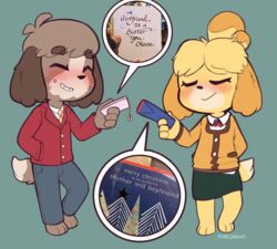  animal_crossing anthro blush bottomwear brother_(lore) brother_and_sister_(lore) canid canine canis card christmas_card clothed clothing digby_(animal_crossing) domestic_dog english_text female greeting_card hi_res holiday_card humor implied_incest incest_(lore) isabelle_(animal_crossing) male mammal necktie nintendo porldraws shih_tzu shirt sibling_(lore) simple_background sister_(lore) skirt text topwear toy_dog twins_(lore) 