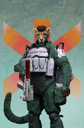  anthro archer arctil-noddedur cheetah clothing cyberpunk cyberpunk_2077 felid feline future hi_res male mammal military military_uniform science_fiction solo trauma_team uniform weapon 