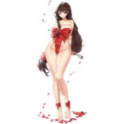  ankle_ribbon arm_behind_back ass_visible_through_thighs axoo braid breast_press breasts brown_hair chocolate cleavage closed_mouth collarbone covered_navel daphne_(last_origin) falling_petals feet female flower full_body grey_eyes hair_flower hair_ornament highres holding holding_own_arm holding_whisk huge_breasts last_origin leg_ribbon legs light_smile long_hair looking_at_viewer naked_ribbon official_alternate_costume official_art petals petals_on_ground red_flower red_ribbon red_rose ribbon rose rose_petals side_braid simple_background single_braid solo standing tachi-e third-party_source tiptoes toenails toes transparent_background valentine whisk 