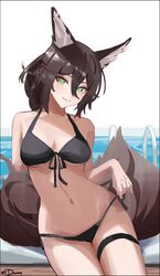  animal_ears arm_behind_back artist_name bikini black_bikini blush breasts brown_hair cleavage female fox_ears fox_tail front-tie_bikini_top front-tie_top green_eyes groin hair_between_eyes halterneck highres honkai:_star_rail honkai_(series) looking_at_viewer medium_breasts medium_hair navel ntdanny pool pool_ladder side-tie_bikini_bottom signature simple_background solo swimsuit tail thigh_strap thighs tingyun_(honkai:_star_rail) water 