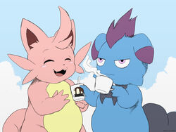  2024 4:3 ambiguous_gender anthro artist_name beverage blue_body cattiva container cup day depresso detailed_background duo happy hi_res holding_container holding_cup holding_object outside pal_(species) palworld pink_body pocketpair sky standing winick-lim 